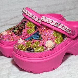 Pink Platform Crocs with Butterfly and Floral Design